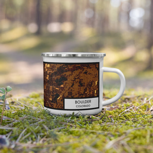 Right View Custom Boulder Colorado Map Enamel Mug in Ember on Grass With Trees in Background