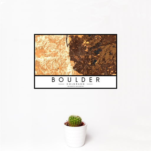 12x18 Boulder Colorado Map Print Landscape Orientation in Ember Style With Small Cactus Plant in White Planter
