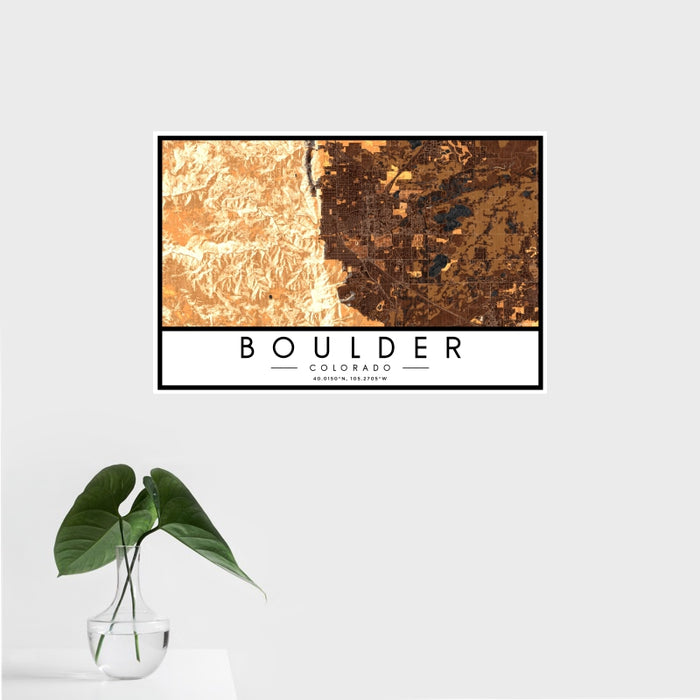 16x24 Boulder Colorado Map Print Landscape Orientation in Ember Style With Tropical Plant Leaves in Water