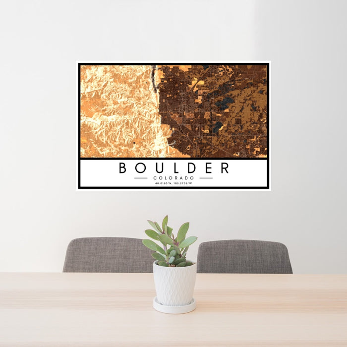 24x36 Boulder Colorado Map Print Landscape Orientation in Ember Style Behind 2 Chairs Table and Potted Plant