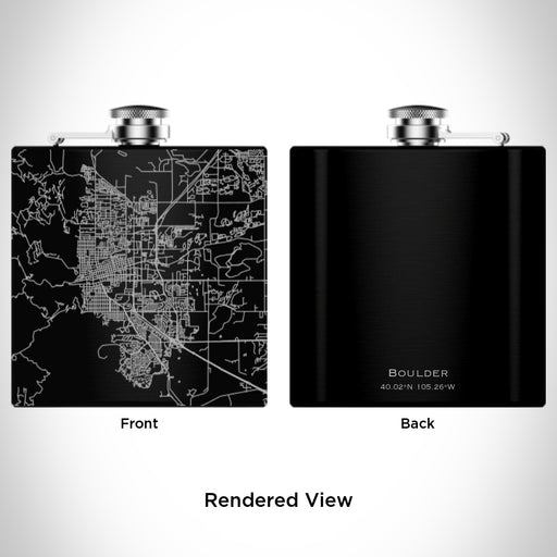 Rendered View of Boulder Colorado Map Engraving on 6oz Stainless Steel Flask in Black