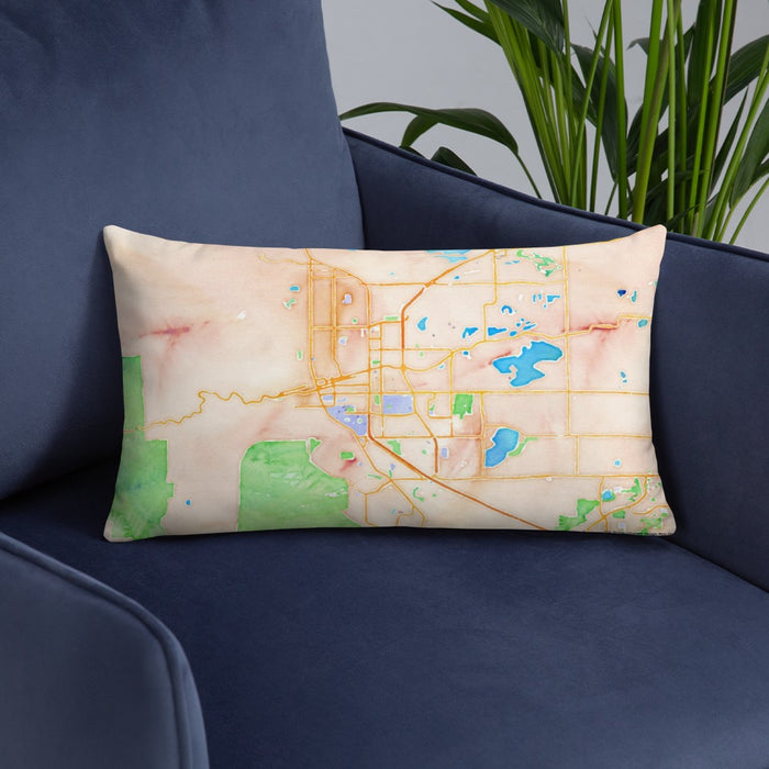 Custom Boulder Colorado Map Throw Pillow in Watercolor on Blue Colored Chair