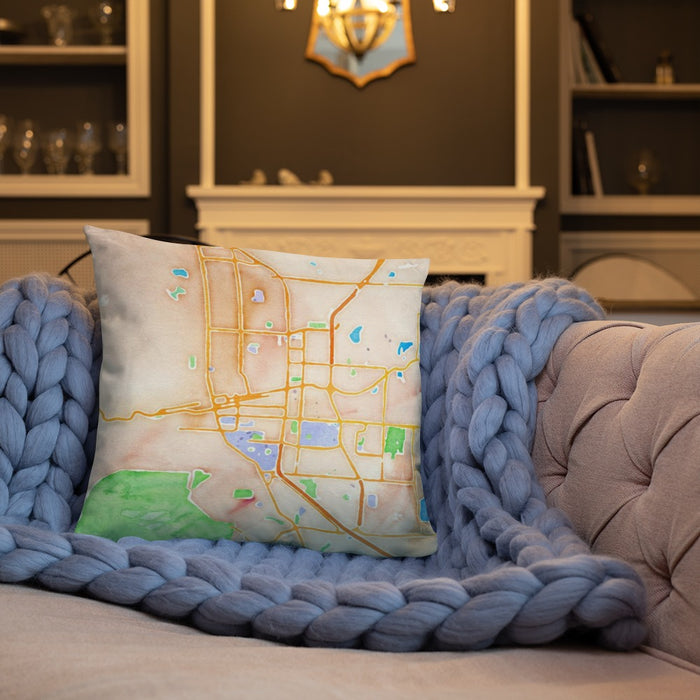 Custom Boulder Colorado Map Throw Pillow in Watercolor on Cream Colored Couch