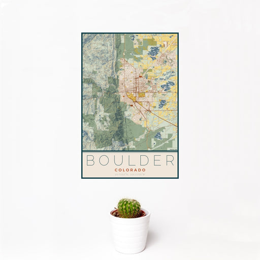 12x18 Boulder Colorado Map Print Portrait Orientation in Woodblock Style With Small Cactus Plant in White Planter