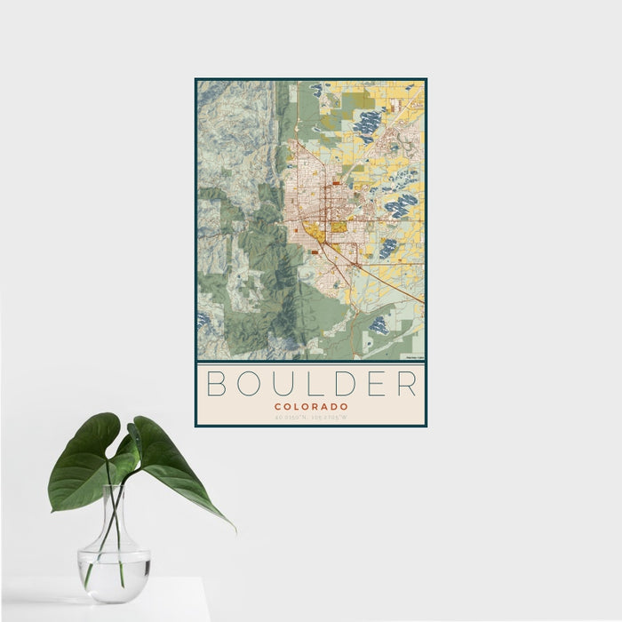 16x24 Boulder Colorado Map Print Portrait Orientation in Woodblock Style With Tropical Plant Leaves in Water