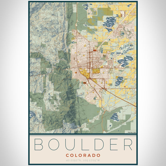 Boulder Colorado Map Print Portrait Orientation in Woodblock Style With Shaded Background