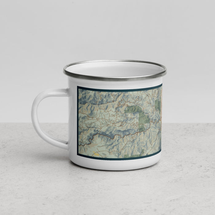 Left View Custom Boulder Colorado Map Enamel Mug in Woodblock