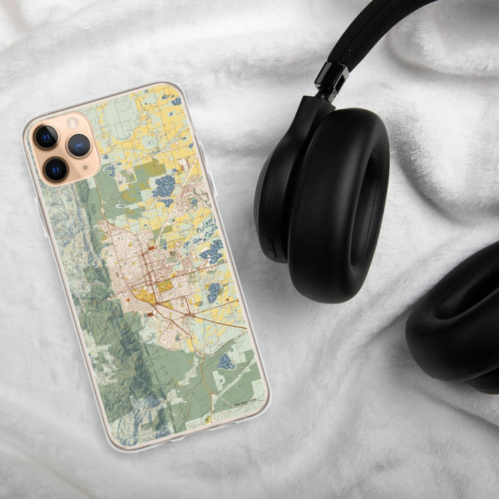 Custom Boulder Colorado Map Phone Case in Woodblock on Table with Black Headphones