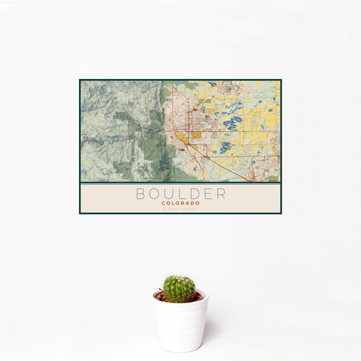 12x18 Boulder Colorado Map Print Landscape Orientation in Woodblock Style With Small Cactus Plant in White Planter