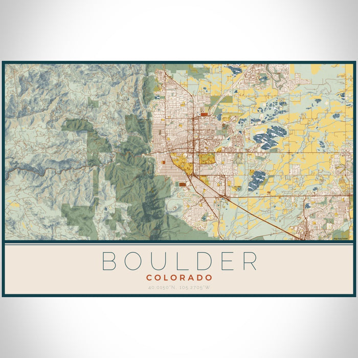 Boulder Colorado Map Print Landscape Orientation in Woodblock Style With Shaded Background