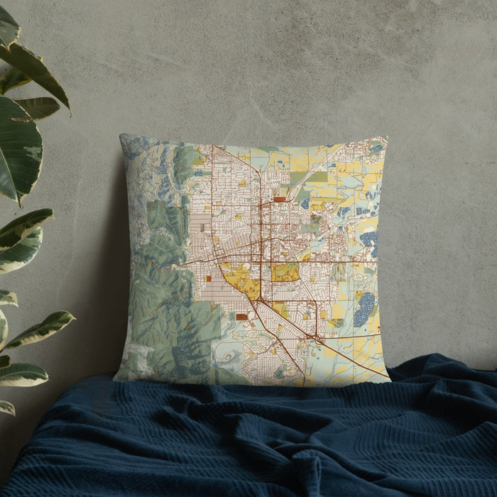 Custom Boulder Colorado Map Throw Pillow in Woodblock on Bedding Against Wall