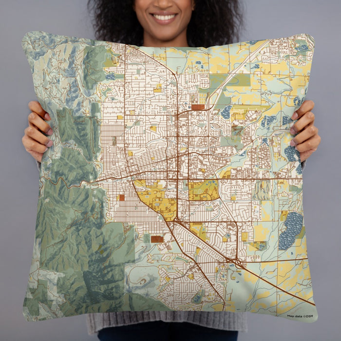 Person holding 22x22 Custom Boulder Colorado Map Throw Pillow in Woodblock
