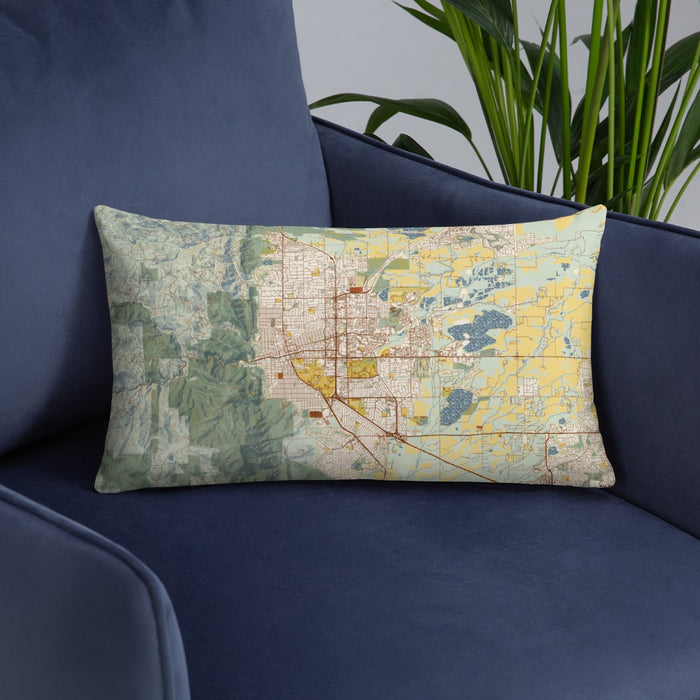 Custom Boulder Colorado Map Throw Pillow in Woodblock on Blue Colored Chair