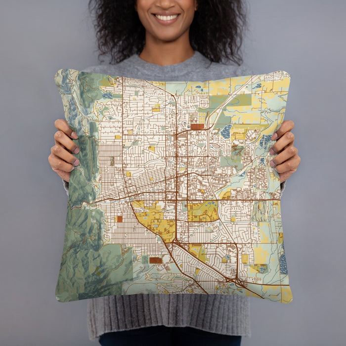 Person holding 18x18 Custom Boulder Colorado Map Throw Pillow in Woodblock