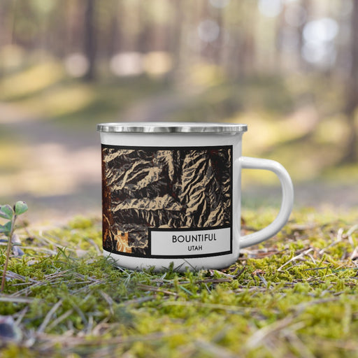 Right View Custom Bountiful Utah Map Enamel Mug in Ember on Grass With Trees in Background