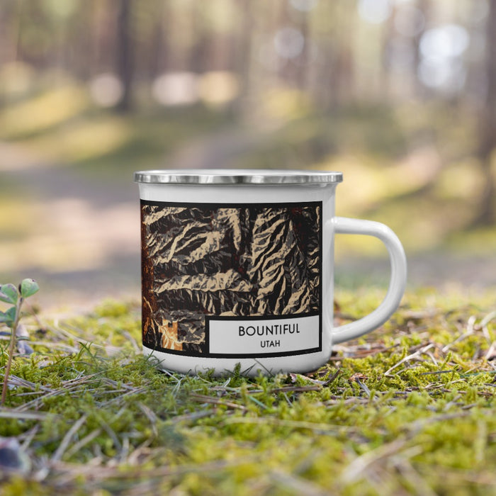 Right View Custom Bountiful Utah Map Enamel Mug in Ember on Grass With Trees in Background