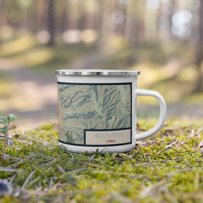 Right View Custom Bountiful Utah Map Enamel Mug in Woodblock on Grass With Trees in Background