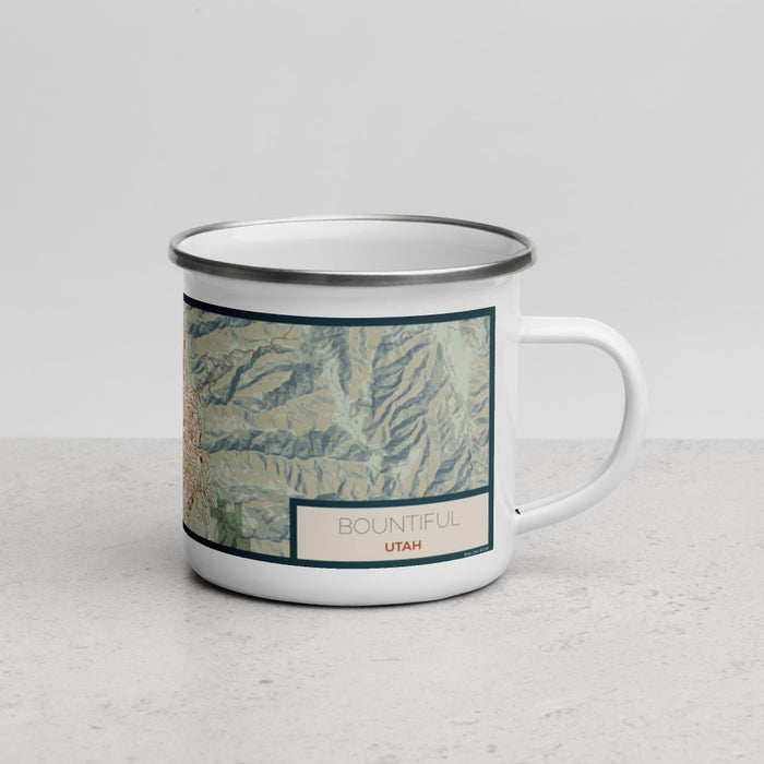 Right View Custom Bountiful Utah Map Enamel Mug in Woodblock