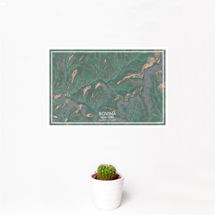 12x18 Bovina New York Map Print Landscape Orientation in Afternoon Style With Small Cactus Plant in White Planter