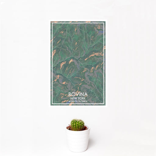 12x18 Bovina New York Map Print Portrait Orientation in Afternoon Style With Small Cactus Plant in White Planter
