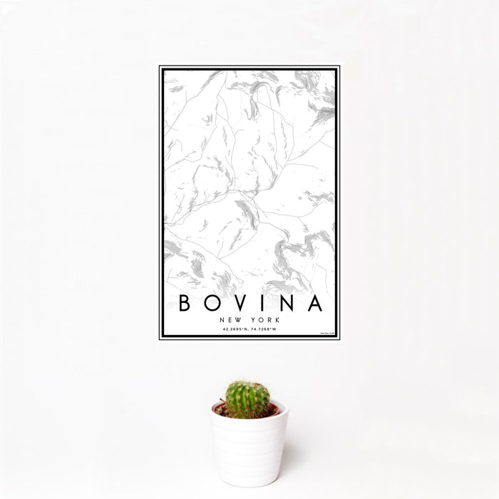 12x18 Bovina New York Map Print Portrait Orientation in Classic Style With Small Cactus Plant in White Planter