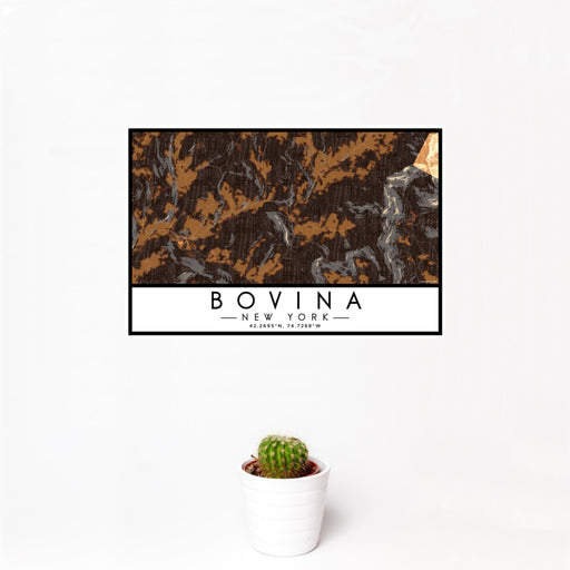 12x18 Bovina New York Map Print Landscape Orientation in Ember Style With Small Cactus Plant in White Planter