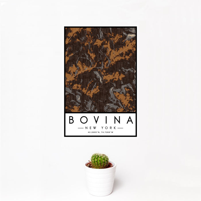 12x18 Bovina New York Map Print Portrait Orientation in Ember Style With Small Cactus Plant in White Planter