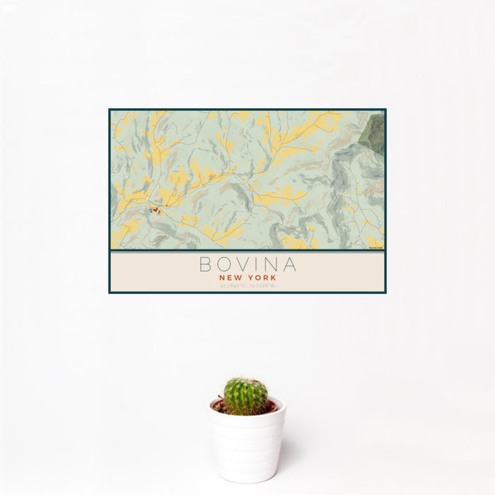 12x18 Bovina New York Map Print Landscape Orientation in Woodblock Style With Small Cactus Plant in White Planter