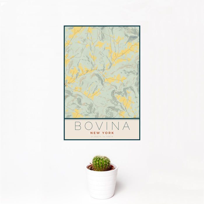 12x18 Bovina New York Map Print Portrait Orientation in Woodblock Style With Small Cactus Plant in White Planter