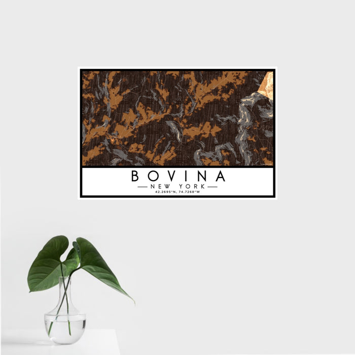 16x24 Bovina New York Map Print Landscape Orientation in Ember Style With Tropical Plant Leaves in Water