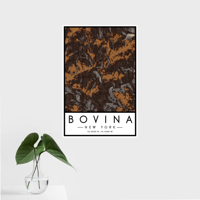 16x24 Bovina New York Map Print Portrait Orientation in Ember Style With Tropical Plant Leaves in Water
