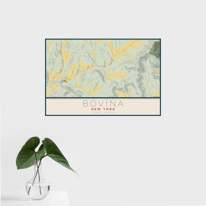 16x24 Bovina New York Map Print Landscape Orientation in Woodblock Style With Tropical Plant Leaves in Water
