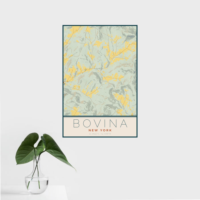 16x24 Bovina New York Map Print Portrait Orientation in Woodblock Style With Tropical Plant Leaves in Water