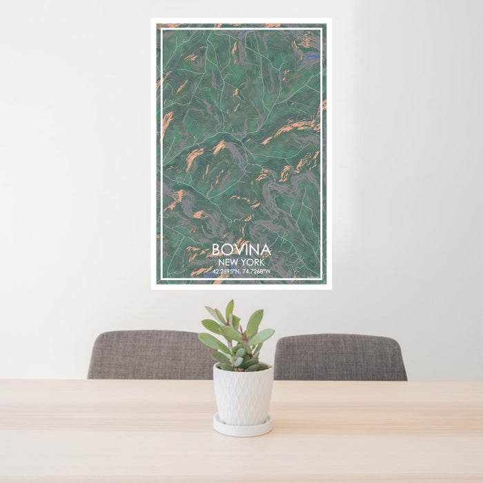 24x36 Bovina New York Map Print Portrait Orientation in Afternoon Style Behind 2 Chairs Table and Potted Plant