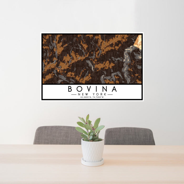24x36 Bovina New York Map Print Lanscape Orientation in Ember Style Behind 2 Chairs Table and Potted Plant