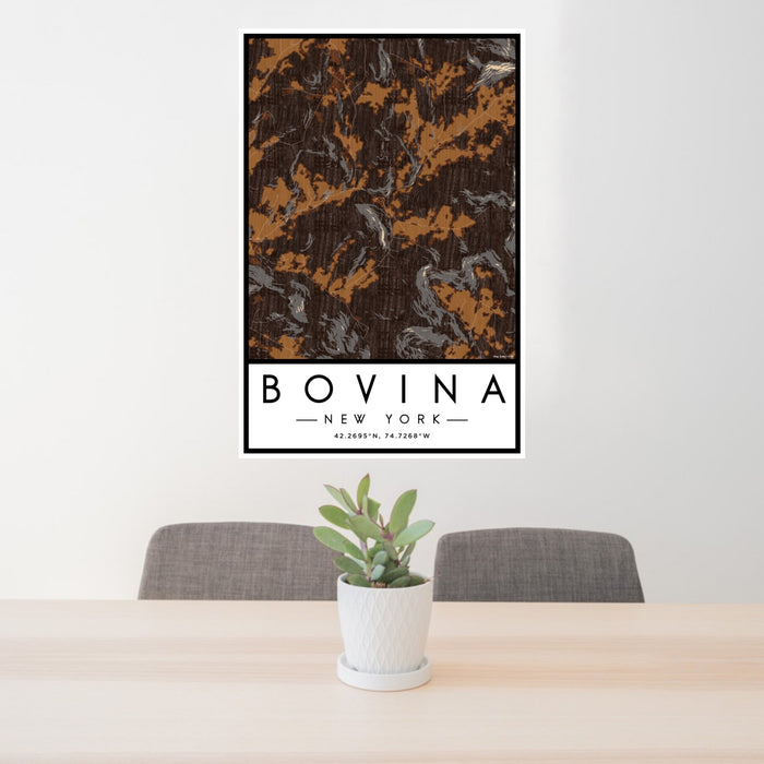 24x36 Bovina New York Map Print Portrait Orientation in Ember Style Behind 2 Chairs Table and Potted Plant