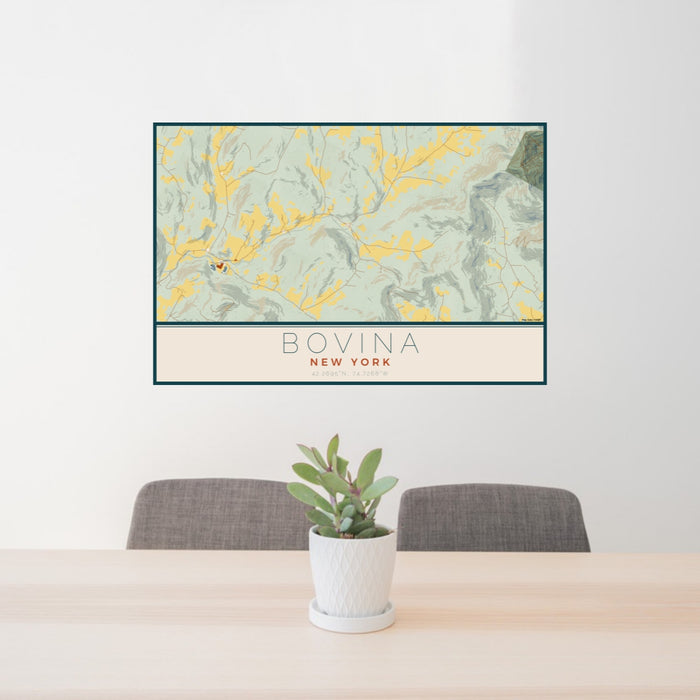 24x36 Bovina New York Map Print Lanscape Orientation in Woodblock Style Behind 2 Chairs Table and Potted Plant