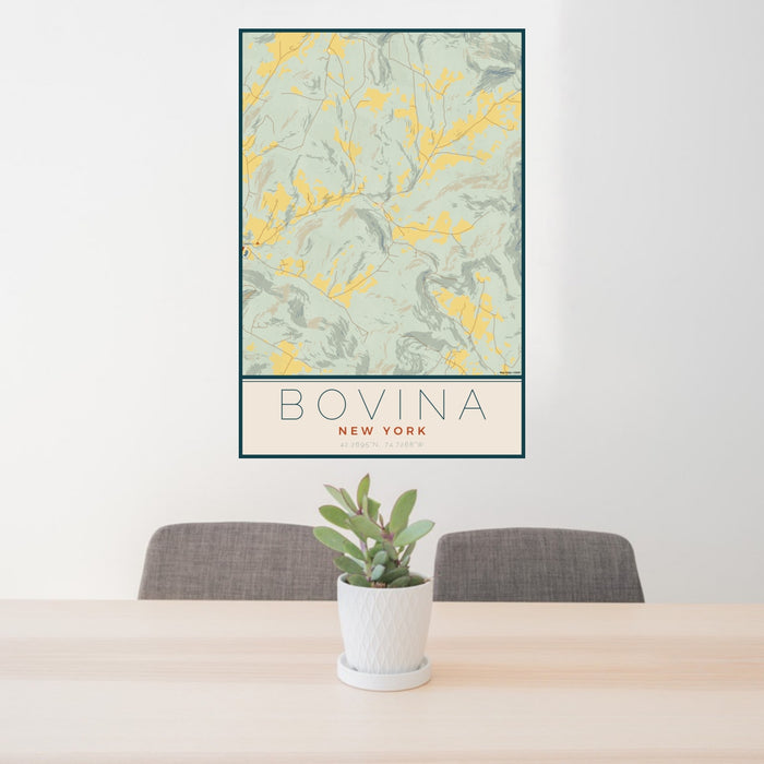 24x36 Bovina New York Map Print Portrait Orientation in Woodblock Style Behind 2 Chairs Table and Potted Plant