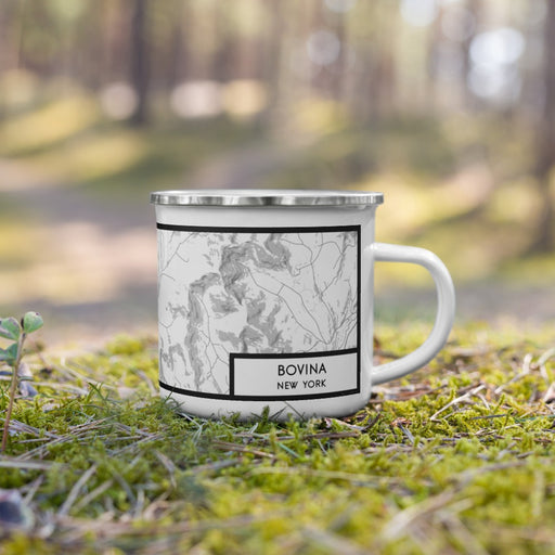 Right View Custom Bovina New York Map Enamel Mug in Classic on Grass With Trees in Background