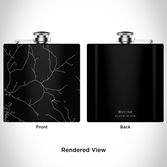 Rendered View of Bovina New York Map Engraving on 6oz Stainless Steel Flask in Black