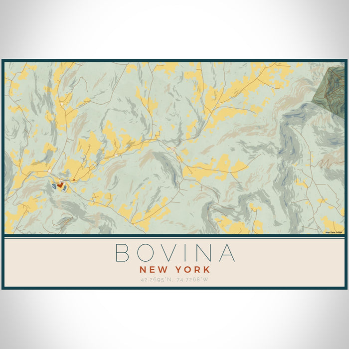 Bovina New York Map Print Landscape Orientation in Woodblock Style With Shaded Background
