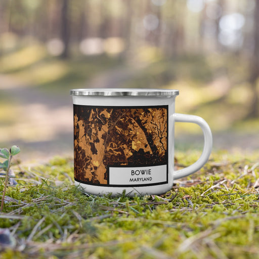 Right View Custom Bowie Maryland Map Enamel Mug in Ember on Grass With Trees in Background