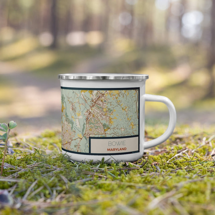 Right View Custom Bowie Maryland Map Enamel Mug in Woodblock on Grass With Trees in Background