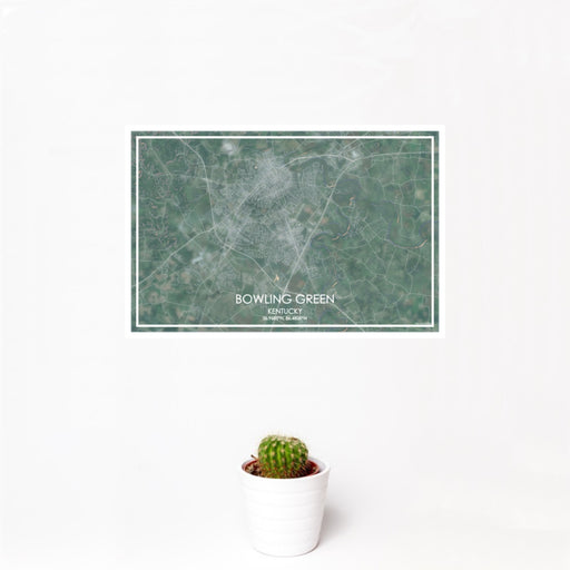 12x18 Bowling Green Kentucky Map Print Landscape Orientation in Afternoon Style With Small Cactus Plant in White Planter
