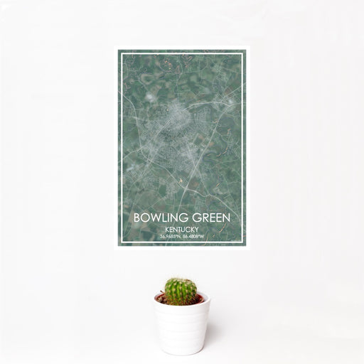 12x18 Bowling Green Kentucky Map Print Portrait Orientation in Afternoon Style With Small Cactus Plant in White Planter