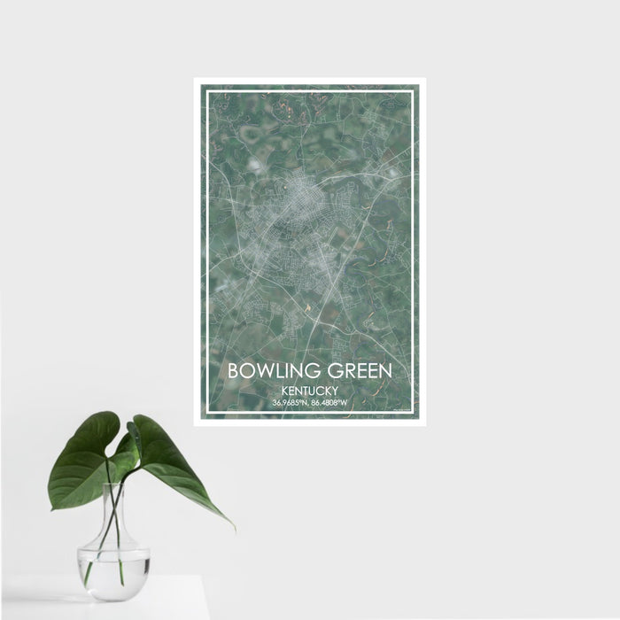 16x24 Bowling Green Kentucky Map Print Portrait Orientation in Afternoon Style With Tropical Plant Leaves in Water