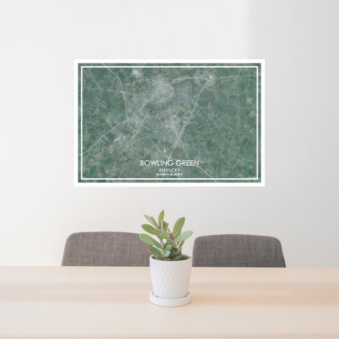24x36 Bowling Green Kentucky Map Print Lanscape Orientation in Afternoon Style Behind 2 Chairs Table and Potted Plant
