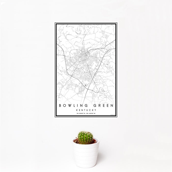 12x18 Bowling Green Kentucky Map Print Portrait Orientation in Classic Style With Small Cactus Plant in White Planter