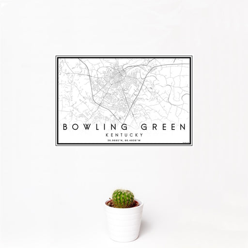 12x18 Bowling Green Kentucky Map Print Landscape Orientation in Classic Style With Small Cactus Plant in White Planter