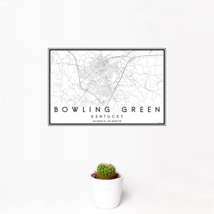 12x18 Bowling Green Kentucky Map Print Landscape Orientation in Classic Style With Small Cactus Plant in White Planter